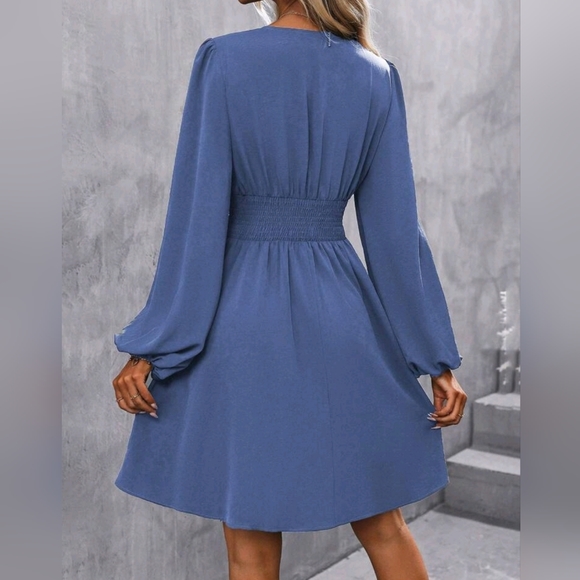 NEW Chic Ruched Waist Lantern Sleeve Dress Blue - Picture 5 of 9